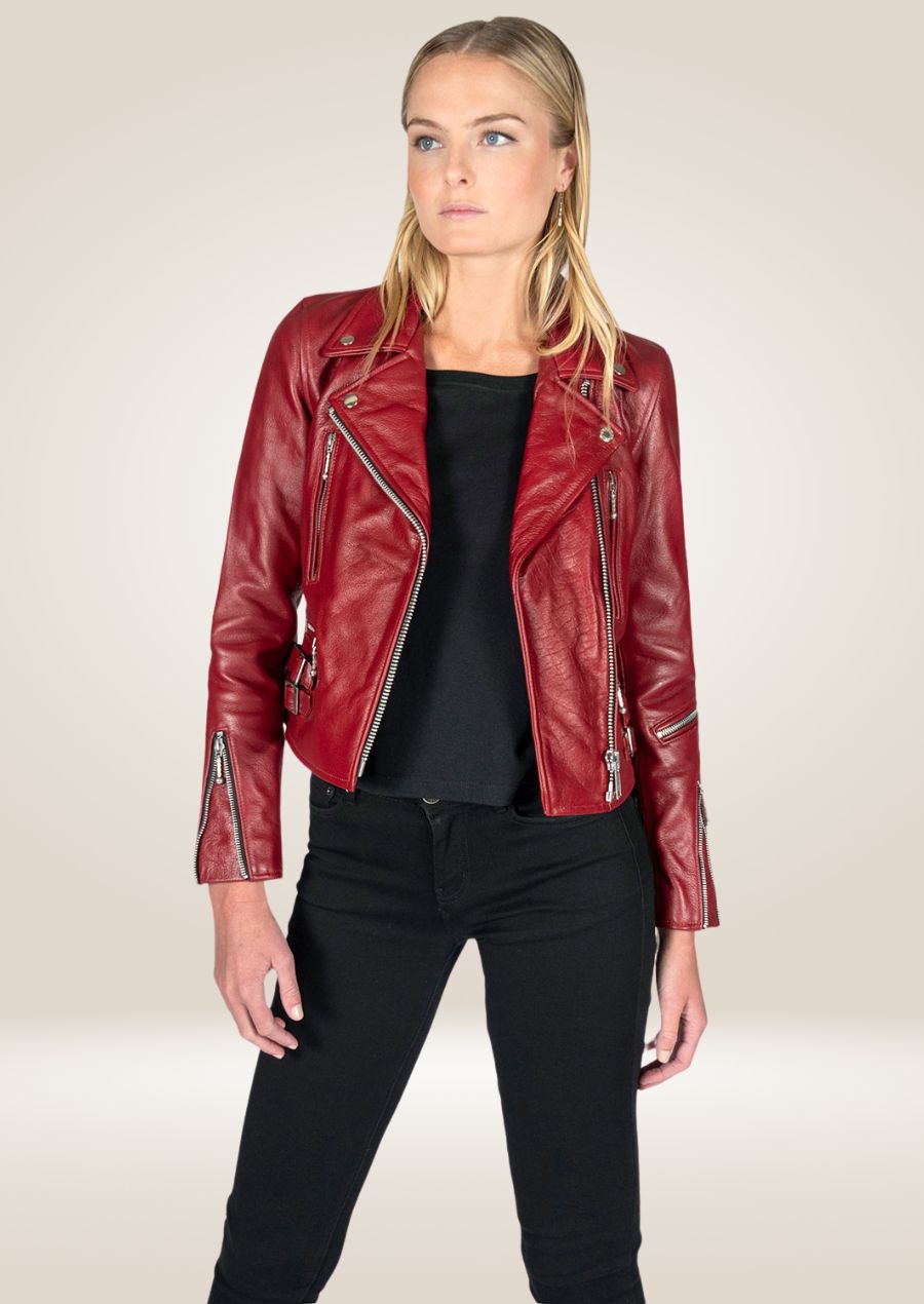 Veste Perfecto en cuir bordeaux pour femme - Style motard élégant