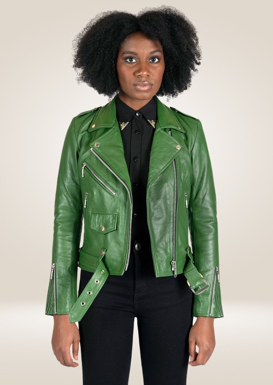 Veste en cuir Perfecto vert cactus pour femme - Look motard audacieux