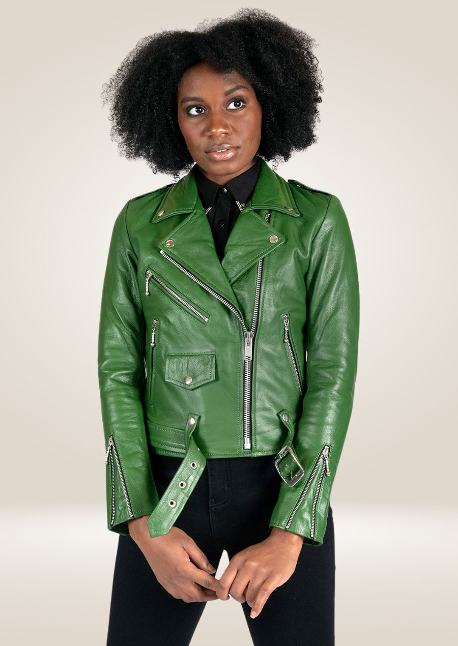 Veste en cuir Perfecto vert cactus pour femme - Look motard audacieux