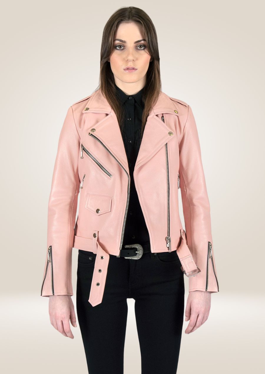 Veste motard en cuir rose poudré pour femme - Chic Road Style