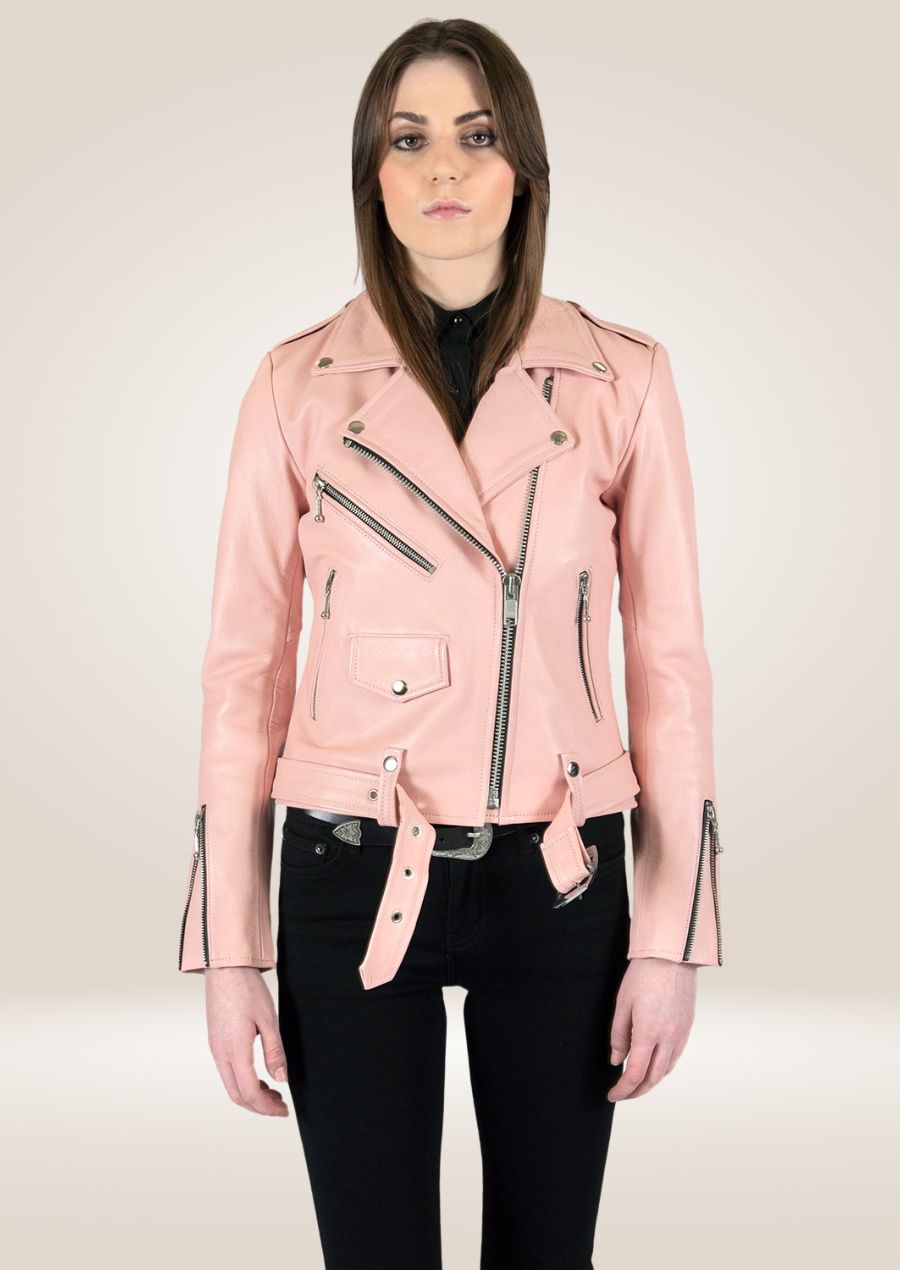 Veste motard en cuir rose poudré pour femme - Chic Road Style