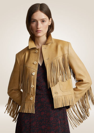 Veste en cuir marron à franges pour femme - Style western robuste