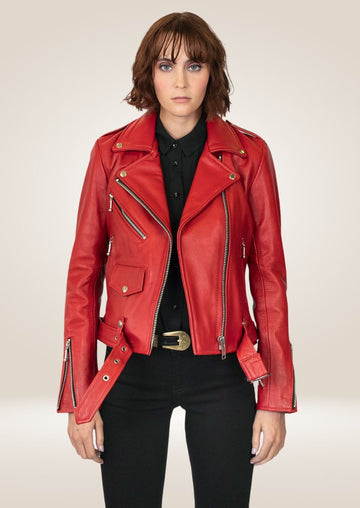 Veste en cuir rouge pour femme - Style motard féroce