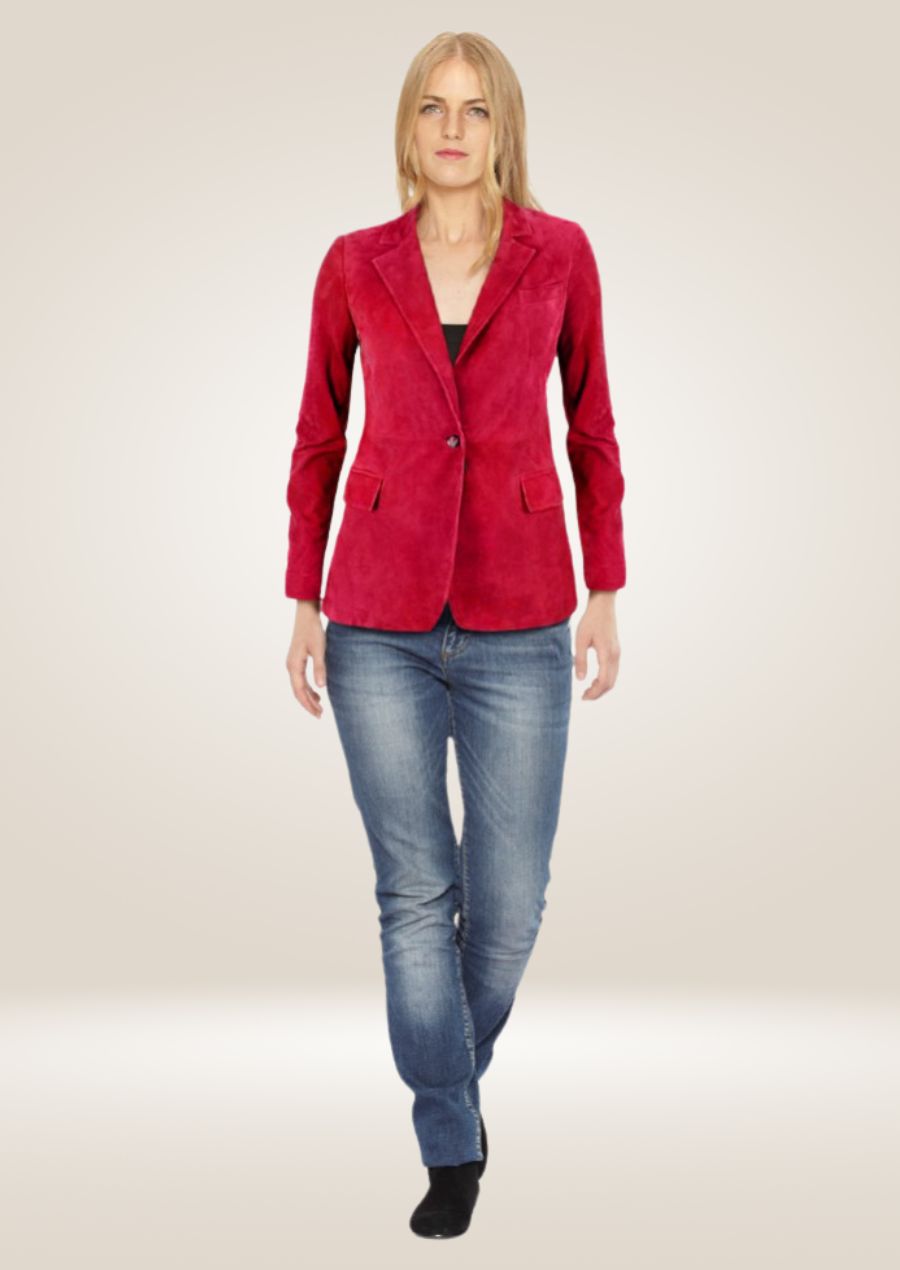 Blazer en cuir suédé rouge à un bouton pour femme - Style audacieux et chic