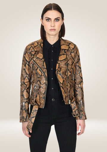 Veste motard en cuir à motif peau de serpent pour femme - Wild Luxe Style