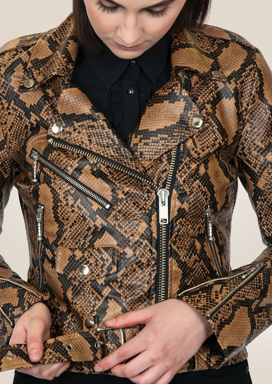 Veste motard en cuir à motif peau de serpent pour femme - Wild Luxe Style