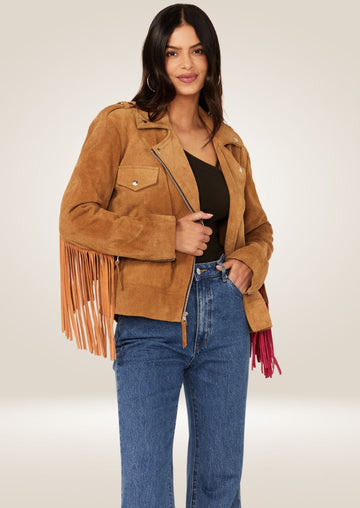 Veste motard en daim à franges western pour femme en marron