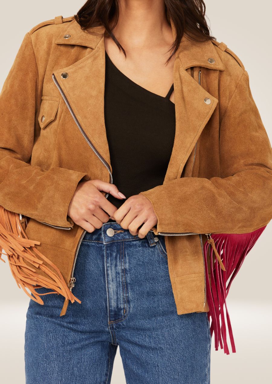 Veste motard en daim à franges western pour femme en marron