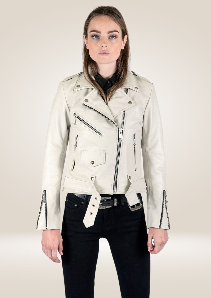 Veste en cuir Perfecto blanche pour femme - Style motard chic